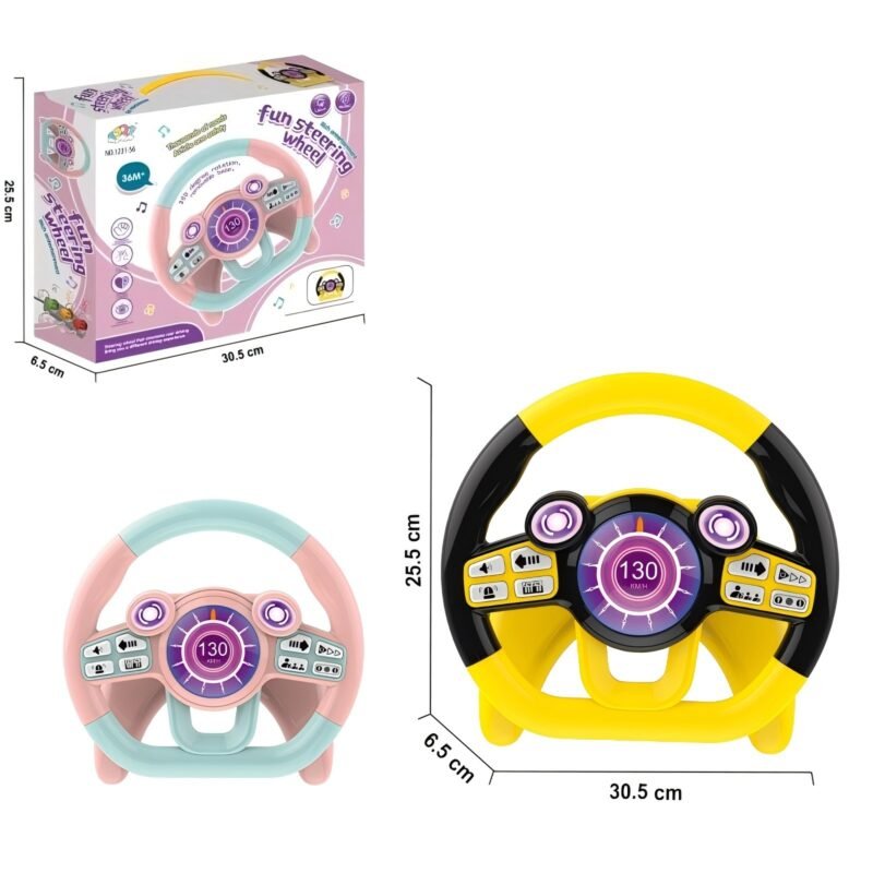 Fun steering wheel with sound and light,  the steering wheel can rotate 360 degrees.       It uses 3pcs AA batteries but not included.