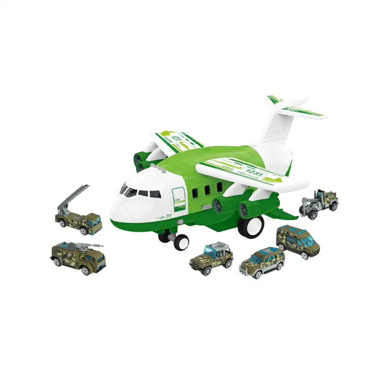 Friction Conveyor plane with light, music and spraying,  included 6pcs die cars  3pcs AA batteries not included.