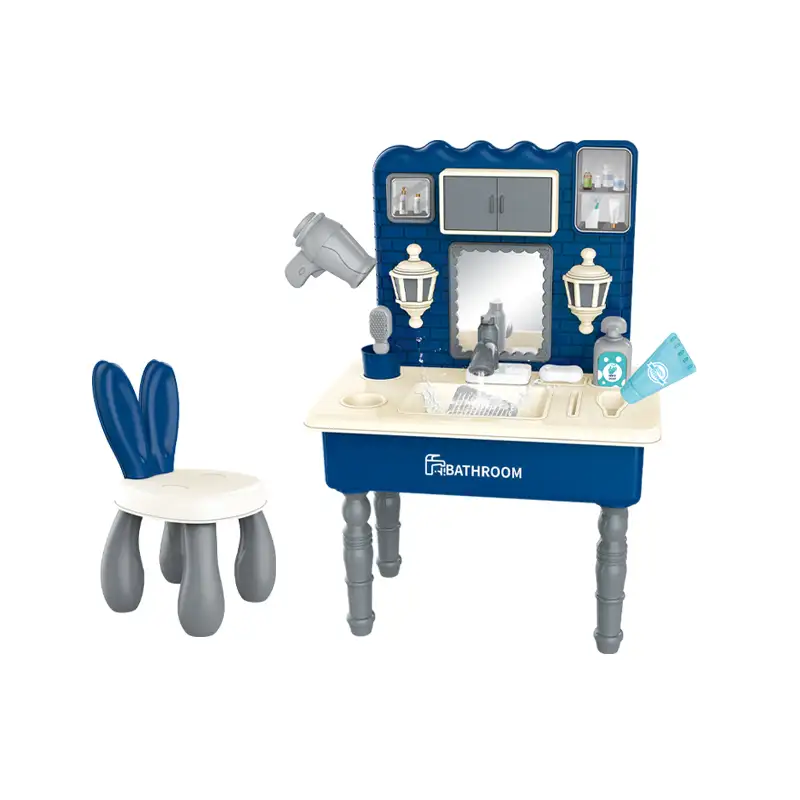 Children dressing table with sound (24pcs)     Makeup mirrors,      Rabbit Chair,            Rotating Faucet,   Electrically-driven faucet water pumping，       Circulation water discharge function, Simulated Water Flow Sound Effect,  It uses 3pcs AA batteries but not included.