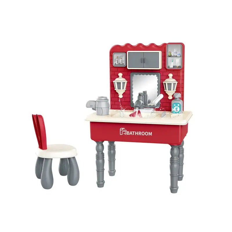 Children dressing table with sound (24pcs)     Makeup mirrors,      Rabbit Chair,            Rotating Faucet,   Electrically-driven faucet water pumping，       Circulation water discharge function, Simulated Water Flow Sound Effect,  It uses 3pcs AA batteries but not included.