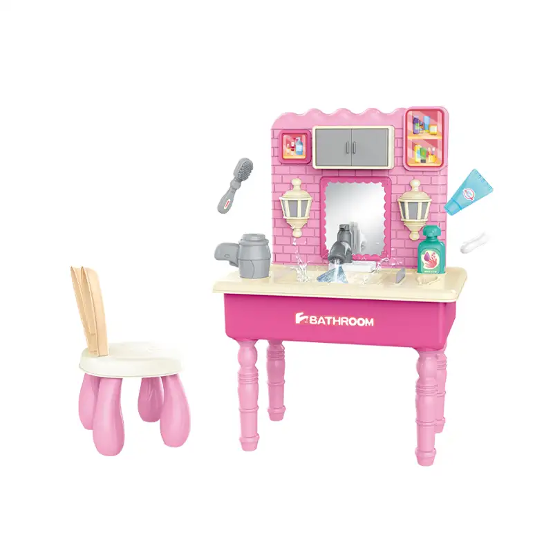 Children dressing table with sound (24pcs)     Makeup mirrors,      Rabbit Chair,            Rotating Faucet,   Electrically-driven faucet water pumping，       Circulation water discharge function, Simulated Water Flow Sound Effect,  It uses 3pcs AA batteries but not included.