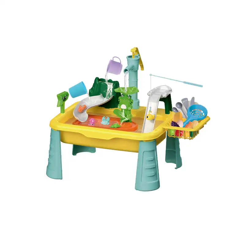 Manual water discharge                           Water play table sink                              Comes with 10 pcs  fishes                           Manual faucet                                           Yellow