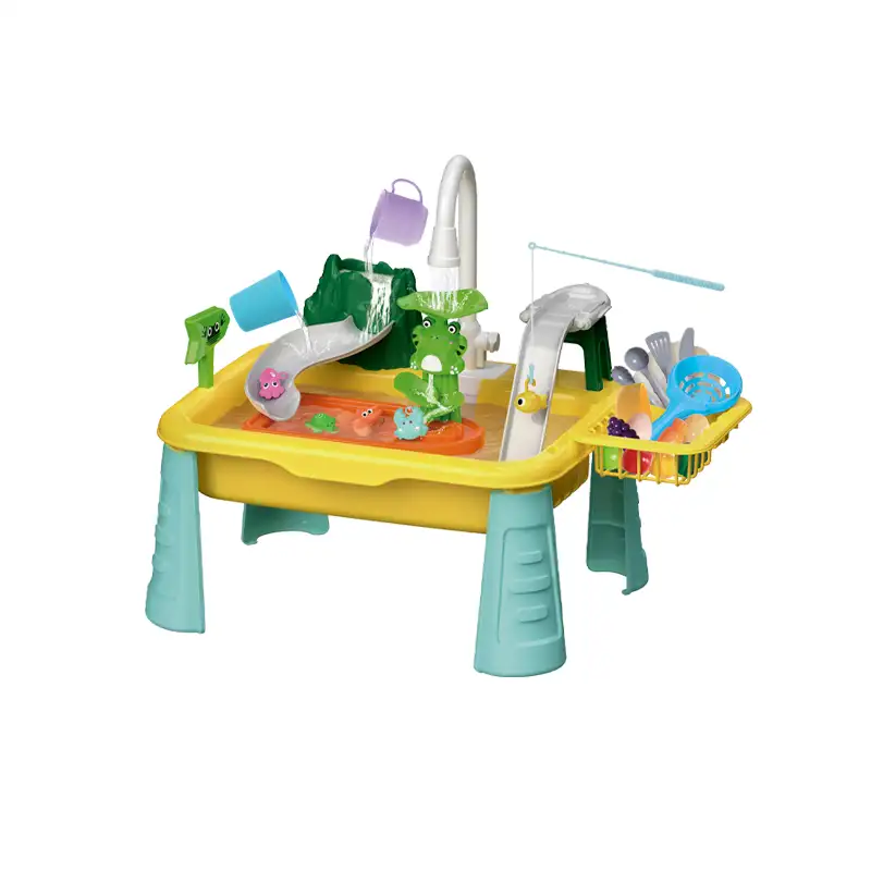 Electric water discharge                           Water play table sink                              Comes with 10 pcs  fishes                           Electric faucet   Requires 2 AA batteries but not included      Yellow