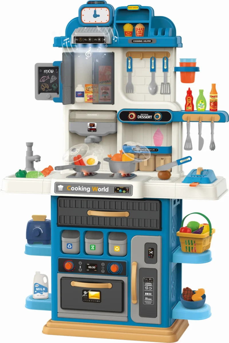 Kids kitchen set with light, sound and spraying  (105pcs)      Inject water and press to release water Inject water and spraying Cooking stove with sound and light，music-enabled range hood，   Kitchen Simulation Experience It uses 6pcs AA batteries but not included.