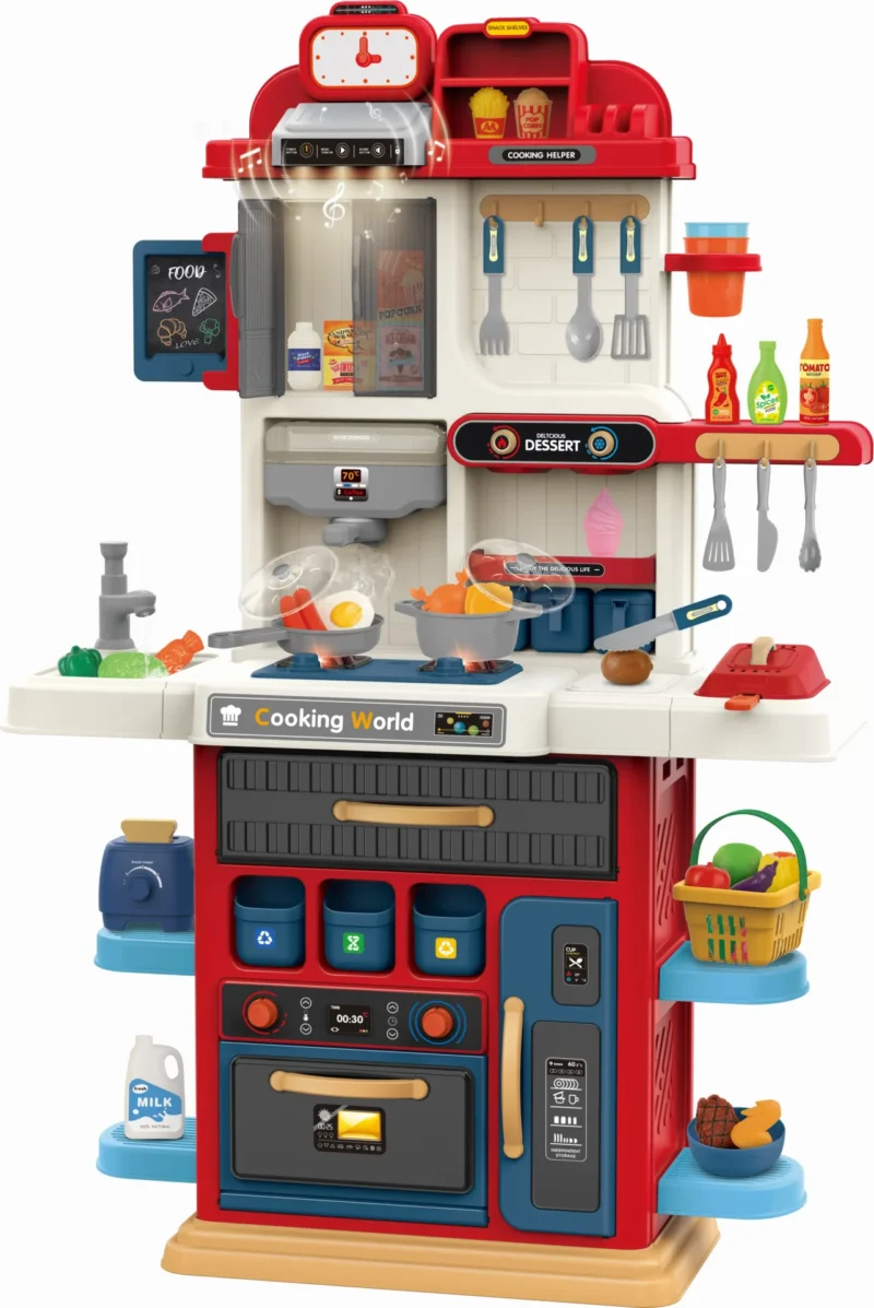 Kids kitchen set with light, sound and spraying  (105pcs)   Inject water and press to release water Inject water and spraying Cooking stove with sound and light，music-enabled range hood，   Kitchen Simulation Experience It uses 6pcs AA batteries but not included.