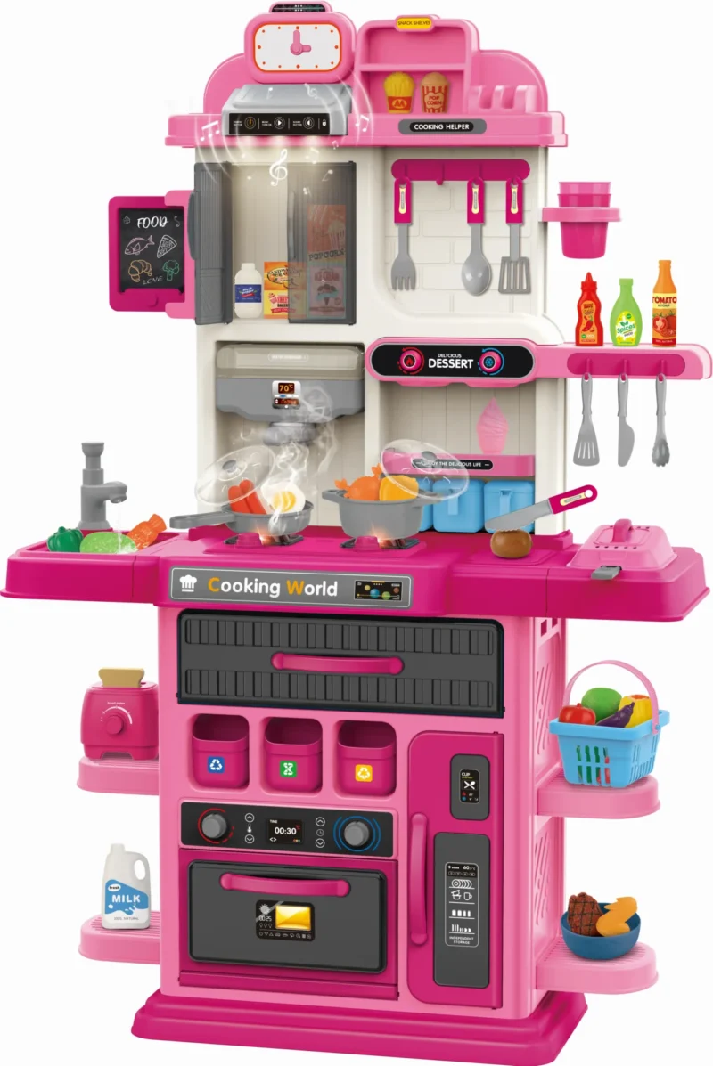 Kids kitchen set with light, sound and spraying  (105pcs)      Inject water and press to release water Inject water and spraying Cooking stove with sound and light，music-enabled range hood，   Kitchen Simulation Experience It uses  6pcs AA batteries but not included.