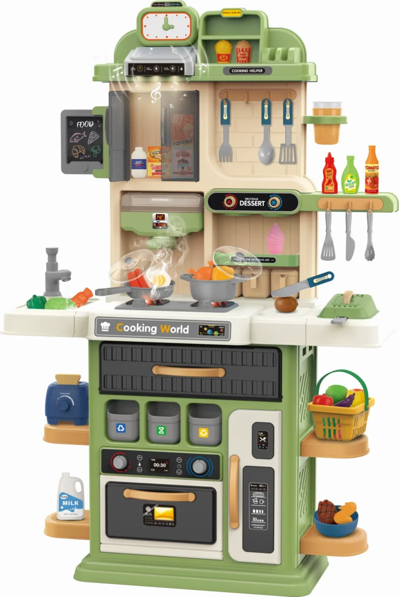 Kids kitchen set with light, sound and spraying  (105pcs)      Inject water and press to release water Inject water and spraying Cooking stove with sound and light，music-enabled range hood，   Kitchen Simulation Experience It uses 6pcs AA batteries but not included.