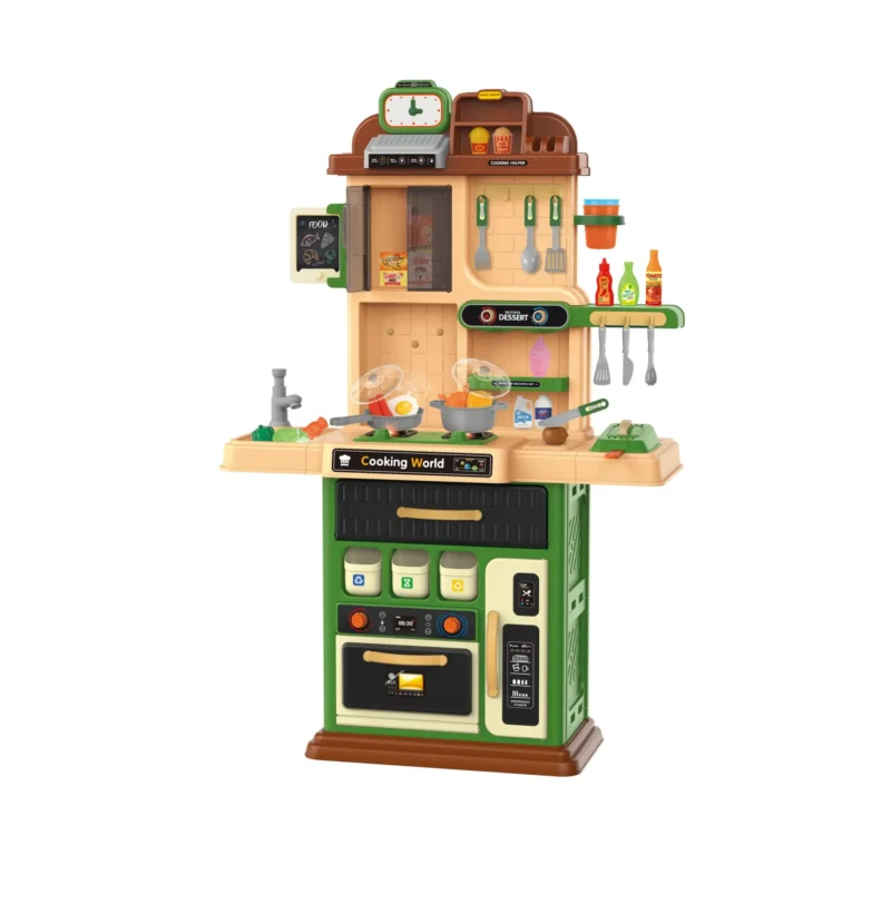 Kids kitchen set with light, sound and spraying  (96pcs)      Inject water and press to release water Inject water and spraying Cooking stove with sound and light，    Kitchen Simulation Experience It uses 3pcs AA batteries but not included.