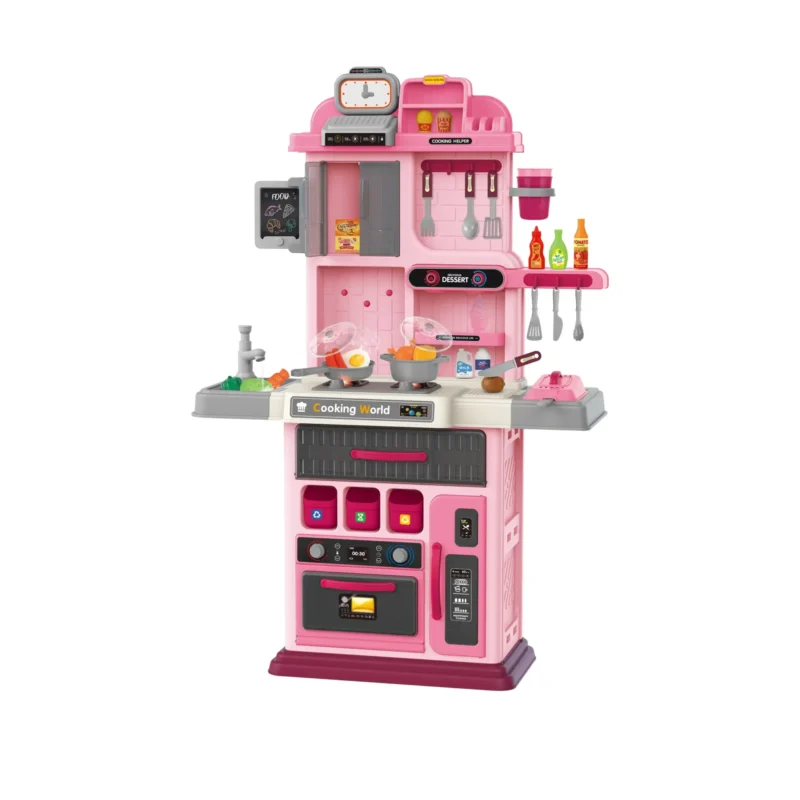 Kids kitchen set with light, sound and spraying  (96pcs)      Inject water and press to release water Inject water and spraying Cooking stove with sound and light，    Kitchen Simulation Experience It uses 3pcs AA batteries but not included.