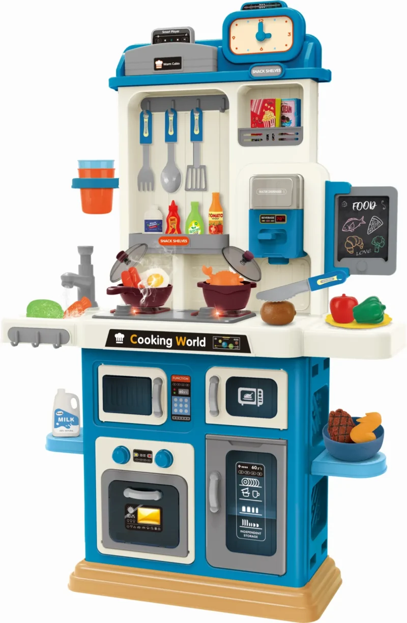 Kids kitchen set with light, sound and spraying  (70pcs)      Inject water and press to release water Inject water and spraying Cooking stove with sound and light，   Kitchen Simulation Experience It uses 3pcs AA batteries but not included.