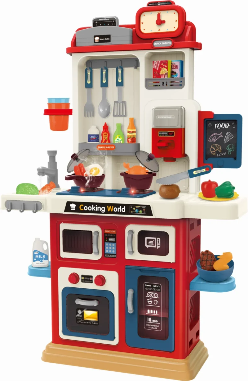Kids kitchen set with light, sound and spraying  (70pcs)      Inject water and press to release water Inject water and spraying Cooking stove with sound and light，   Kitchen Simulation Experience It uses 3pcs AA batteries but not included.