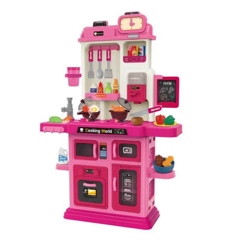 Kids kitchen set with light, sound and spraying  (70pcs)      Inject water and press to release water Inject water and spraying Cooking stove with sound and light，   Kitchen Simulation Experience It uses 3pcs AA batteries but not included.