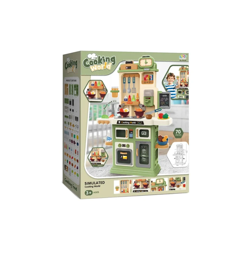 Kids kitchen set with light, sound and spraying  (70pcs)      Inject water and press to release water Inject water and spraying Cooking stove with sound and light，   Kitchen Simulation Experience It uses 3pcs AA batteries but not included.