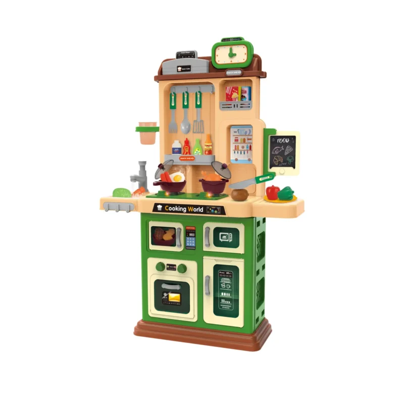 Kids kitchen set with light, sound and spraying  (59pcs)      Inject water and press to release water Inject water and spraying Cooking stove with sound and light，   Kitchen Simulation Experience It uses 3pcs AA batteries but not included.