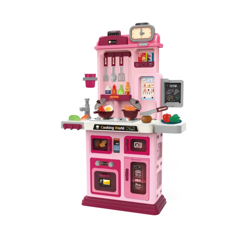 Kids kitchen set with light, sound and spraying  (59pcs)      Inject water and press to release water Inject water and spraying Cooking stove with sound and light，   Kitchen Simulation Experience It uses 3pcs AA batteries but not included.