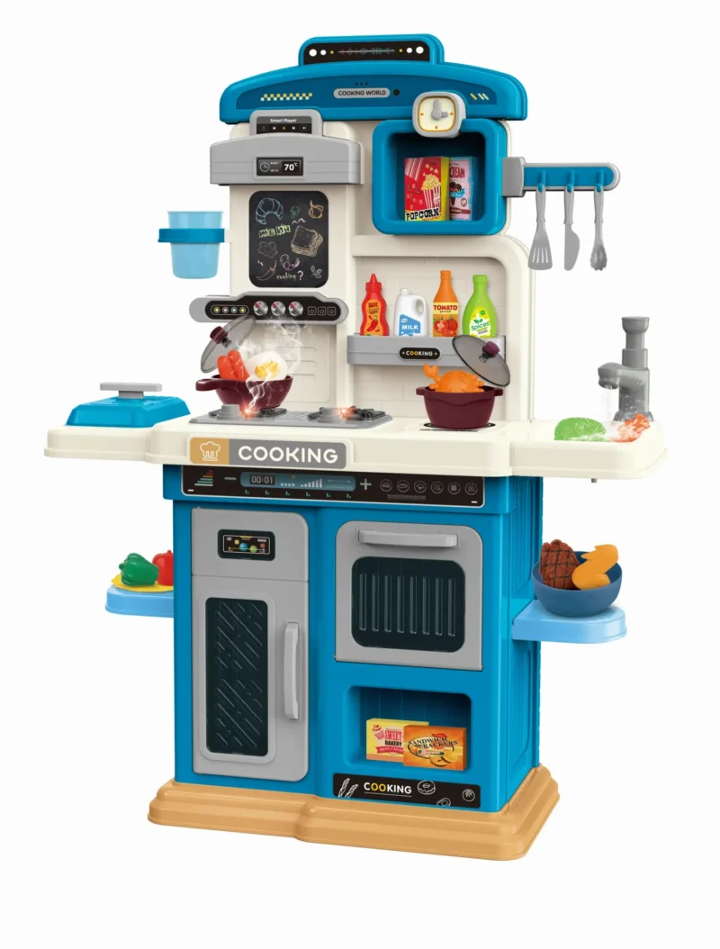 Kids kitchen set with light, sound and spraying  (60pcs)      Inject water and press to release water Inject water and spraying Cooking stove with sound and light，   Kitchen Simulation Experience It uses 3pcs AA batteries but not included.
