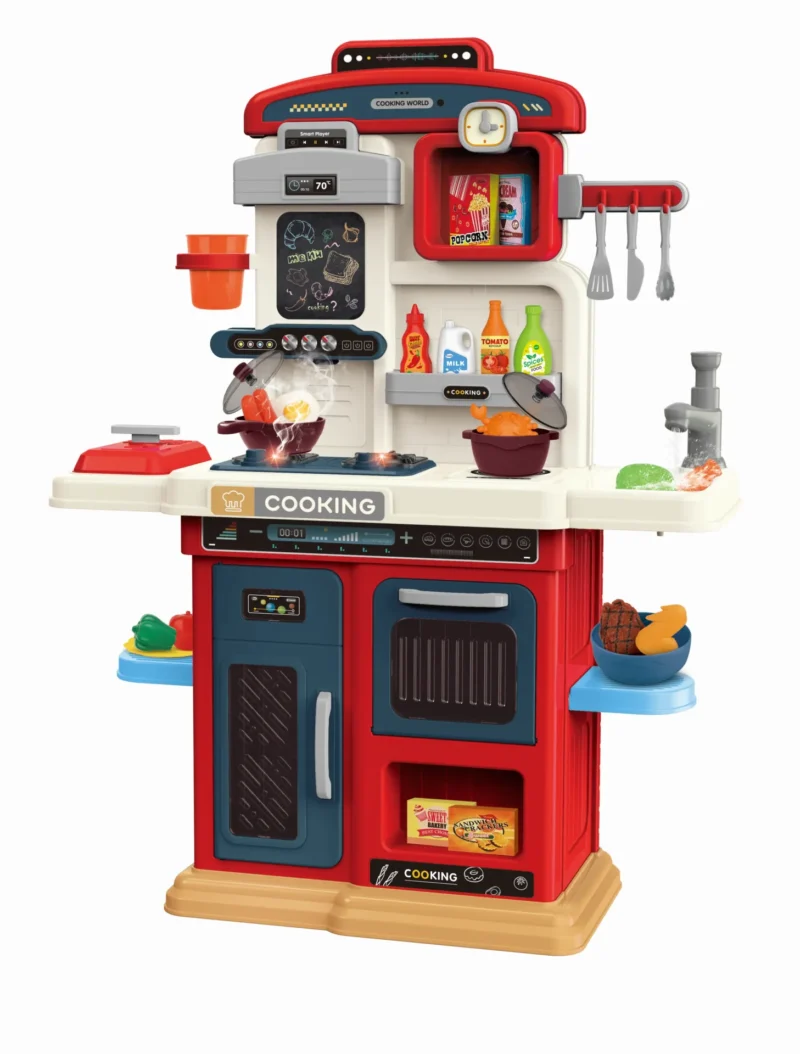 Kids kitchen set with light, sound and spraying  (60pcs)      Inject water and press to release water Inject water and spraying Cooking stove with sound and light，   Kitchen Simulation Experience It uses 3pcs AA batteries but not included.