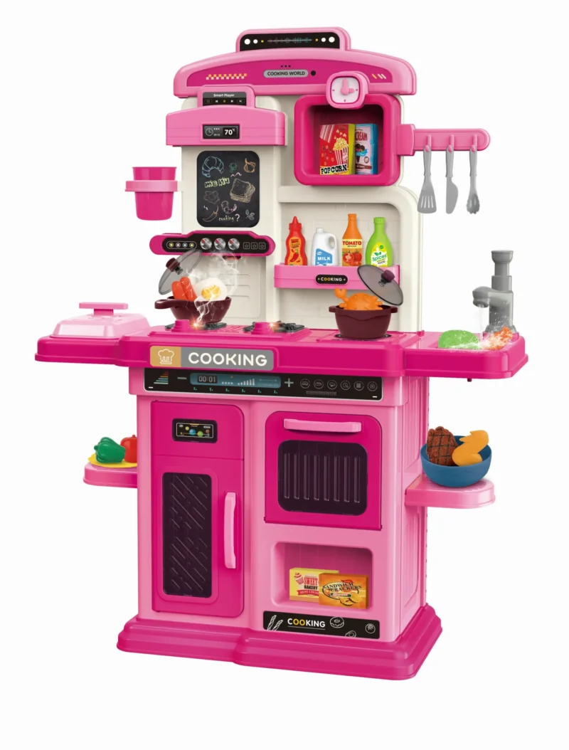Kids kitchen set with light, sound and spraying  (60pcs)      Inject water and press to release water Inject water and spraying Cooking stove with sound and light，   Kitchen Simulation Experience It uses 3pcs AA batteries but not included.