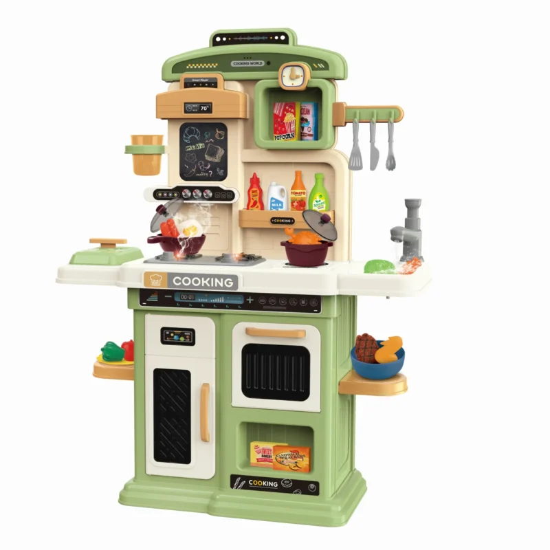 Kids kitchen set with light, sound and spraying  (60pcs)      Inject water and press to release water Inject water and spraying Cooking stove with sound and light，   Kitchen Simulation Experience It uses 3pcs AA batteries but not included.