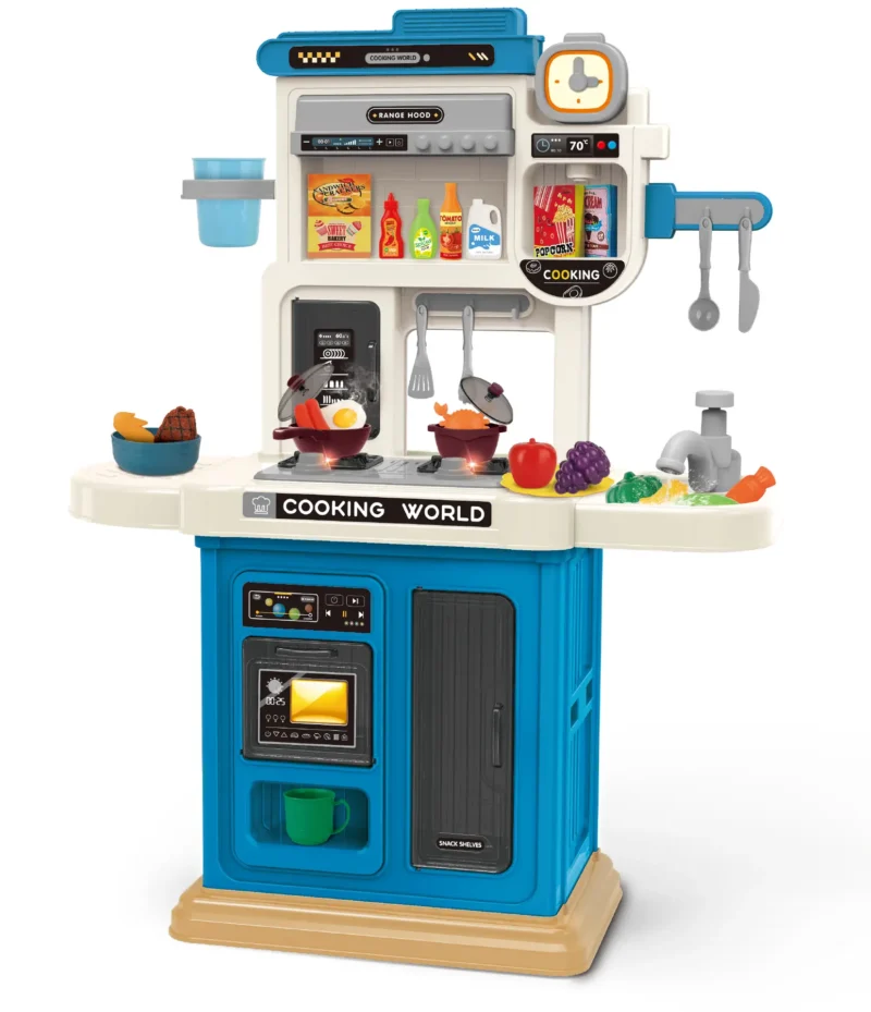 Kids kitchen set with light, sound and spraying  (50pcs)      Inject water and press to release water Inject water and spraying Cooking stove with sound and light，   Kitchen Simulation Experience It uses 3pcs AA batteries but not included.