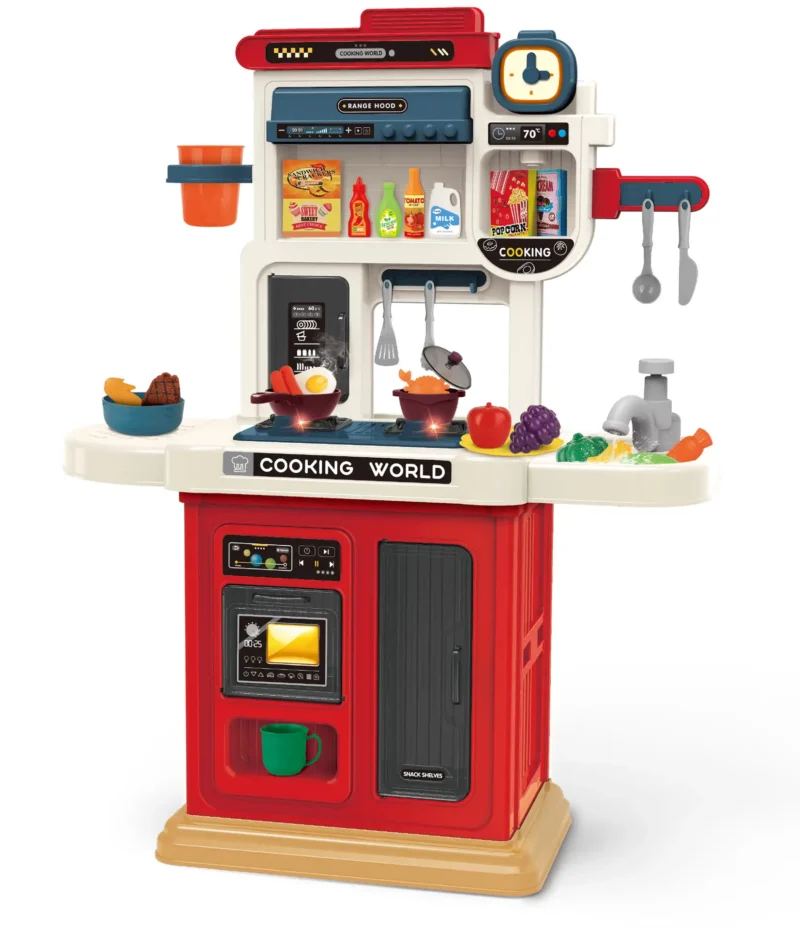 Kids kitchen set with light, sound and spraying  (50pcs)      Inject water and press to release water Inject water and spraying Cooking stove with sound and light，   Kitchen Simulation Experience It uses 3pcs AA batteries but not included.