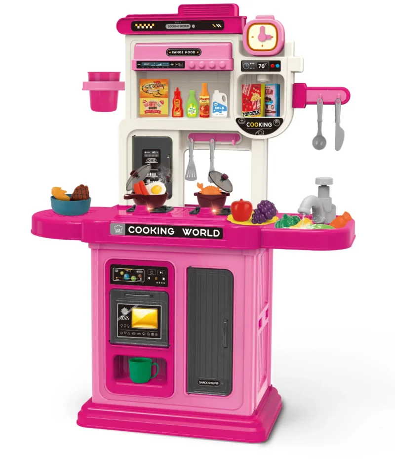 Kids kitchen set with light, sound and spraying  (50pcs)      Inject water and press to release water Inject water and spraying Cooking stove with sound and light，   Kitchen Simulation Experience It uses 3pcs AA batteries but not included.