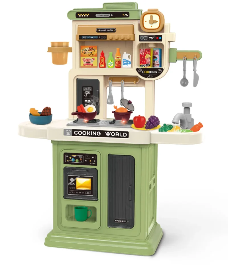 Kids kitchen set with light, sound and spraying  (50pcs)      Inject water and press to release water Inject water and spraying Cooking stove with sound and light，   Kitchen Simulation Experience It uses 3pcs AA batteries but not included.