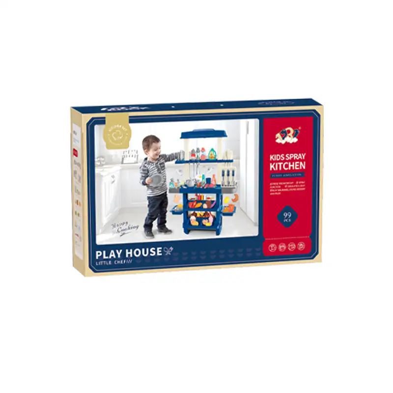 Kids kitchen set with light, sound and spraying  (99pcs)      Inject water and press to release water Inject water and spraying Cooking stove with sound and light  Self-service barbecue simulation It uses 3pcs AA batteries but not included.