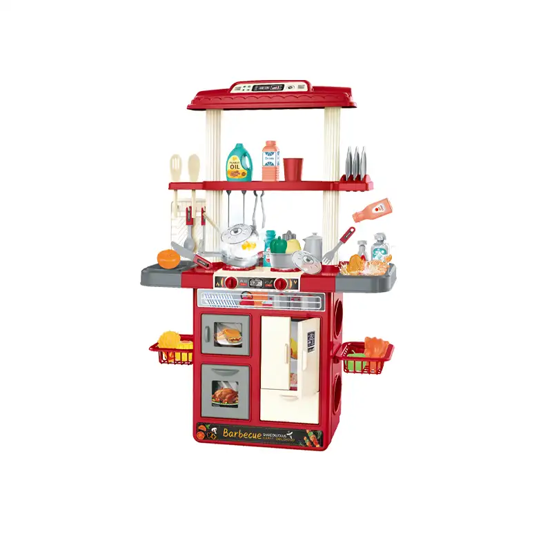 Kids kitchen set with light, sound and spraying  (99pcs)      Inject water and press to release water Inject water and spraying Cooking stove with sound and light  Self-service barbecue simulation It uses 3pcs AA batteries but not included.