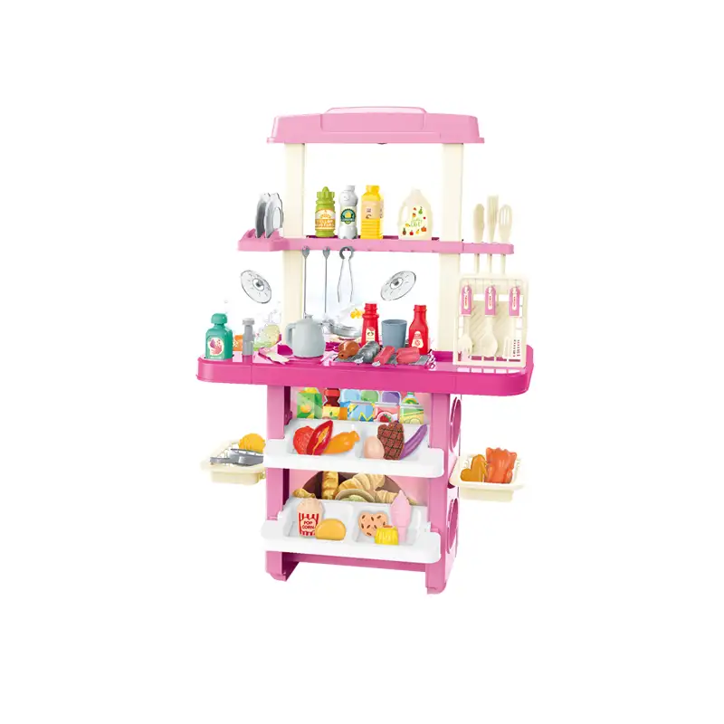 Kids kitchen set with light, sound and spraying  (99pcs)      Inject water and press to release water Inject water and spraying Cooking stove with sound and light  Self-service barbecue simulation It uses 3pcs AA batteries but not included.