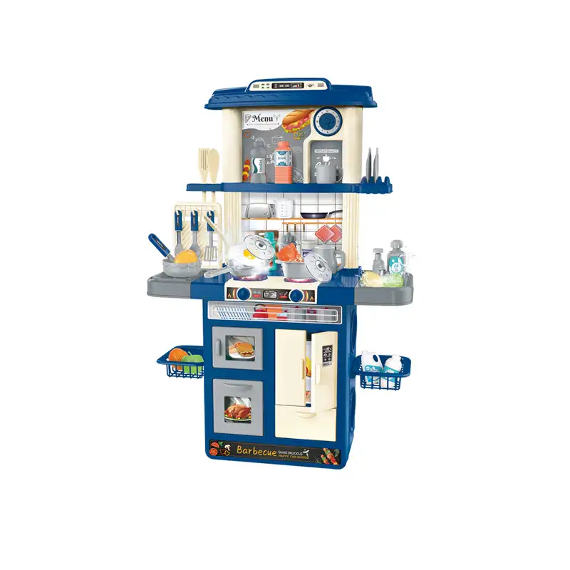 Kids kitchen set with light, sound and spraying  (82pcs)      Inject water and press to release water Inject water and spraying Cooking stove with sound and light   Kitchen Simulation Experience It uses 3pcs AA batteries but not included.