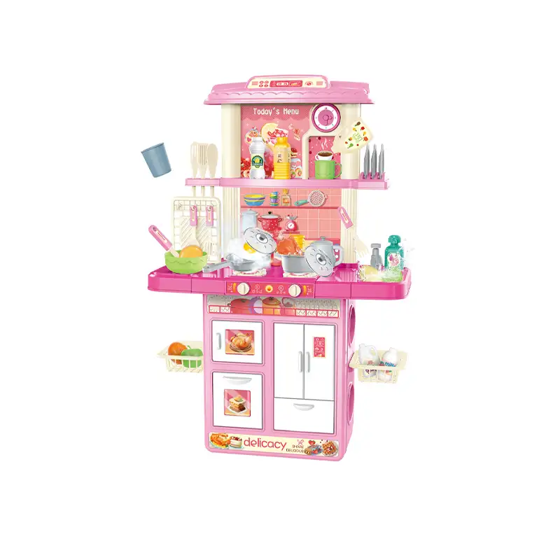 Kids kitchen set with light, sound and spraying  (82pcs)      Inject water and press to release water Inject water and spraying Cooking stove with sound and light   Kitchen Simulation Experience It uses 3pcs AA batteries but not included.