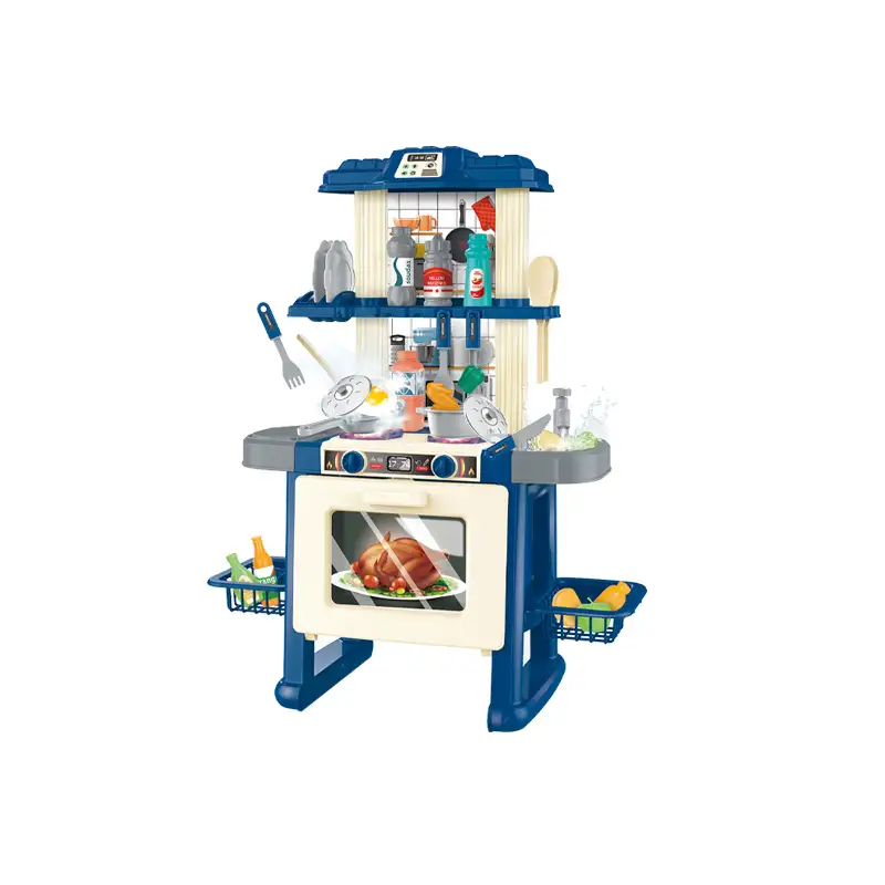 Kids kitchen set with light, sound and spraying  (69pcs)      Inject water and press to release water Inject water and spraying Cooking stove with sound and light   Kitchen Simulation Experience It uses 3pcs AA batteries but not included.