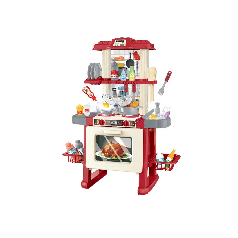 Kids kitchen set with light, sound and spraying  (69pcs)      Inject water and press to release water Inject water and spraying Cooking stove with sound and light   Kitchen Simulation Experience It uses 3pcs AA batteries but not included.