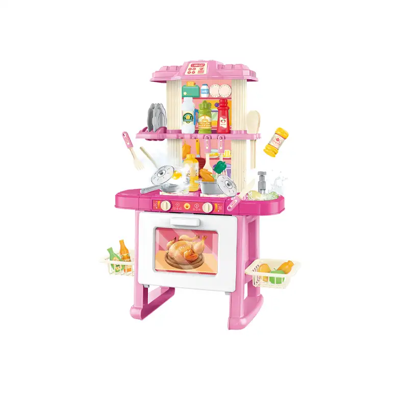 Kids kitchen set with light, sound and spraying  (69pcs)      Inject water and press to release water Inject water and spraying Cooking stove with sound and light   Kitchen Simulation Experience It uses 3pcs AA batteries but not included.