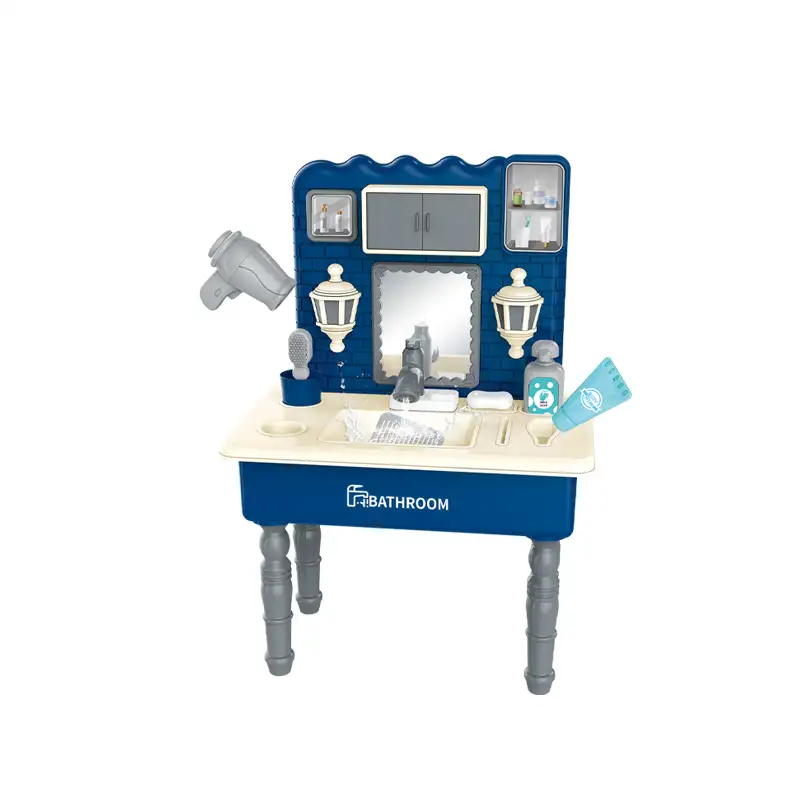 Children dressing table with sound (18pcs)     Makeup mirrors,            Rotating Faucet, Circulation water discharge function, Simulated Water Flow Sound Effect,  It uses 3pcs AA batteries but not included.