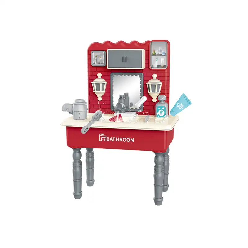 Children dressing table with sound (18pcs)     Makeup mirrors,            Rotating Faucet, Circulation water discharge function, Simulated Water Flow Sound Effect,  It uses 3pcs AA batteries but not included.
