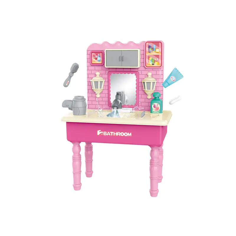 Children dressing table with sound (18pcs)     Makeup mirrors,            Rotating Faucet, Circulation water discharge function, Simulated Water Flow Sound Effect,  It uses 3pcs AA batteries but not included.