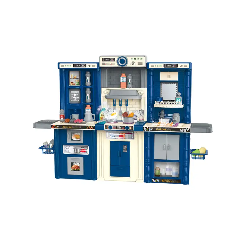 3 IN 1 Kids play house set with sound and spray, Barbecue set + Kitchen set +Dressing Table (142 PCS)                        Self-service Barbecue Kitchen Simulation Fun Dressing Table Simulation It uses 6pcs AA batteries but not included.
