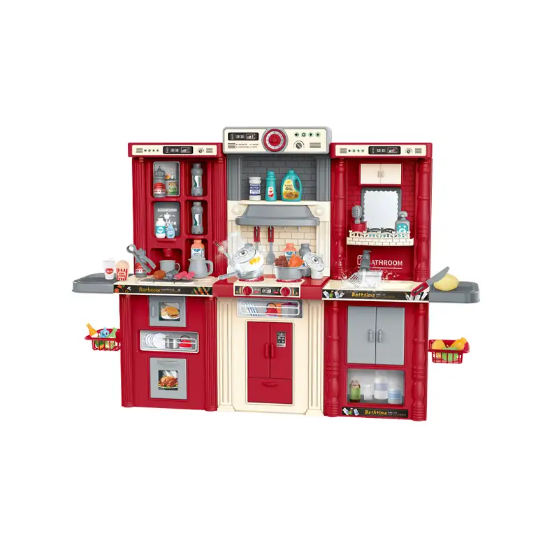 3 IN 1 Kids play house set with sound and spray, Barbecue set + Kitchen set +Dressing Table (142 PCS)                        Self-service Barbecue Kitchen Simulation Fun Dressing Table Simulation It uses 6pcs AA batteries but not included.