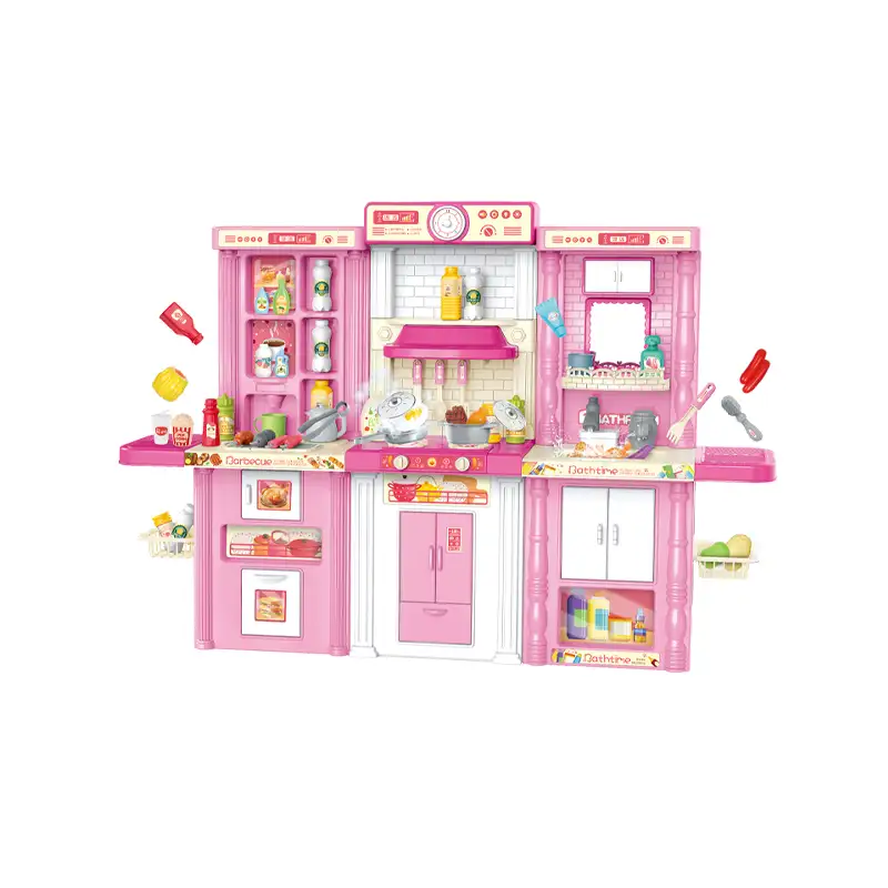 3 IN 1 Kids play house set with sound and spray, Barbecue set + Kitchen set +Dressing Table (142 PCS)                        Self-service Barbecue Kitchen Simulation Fun Dressing Table Simulation It uses 6pcs AA batteries but not included.