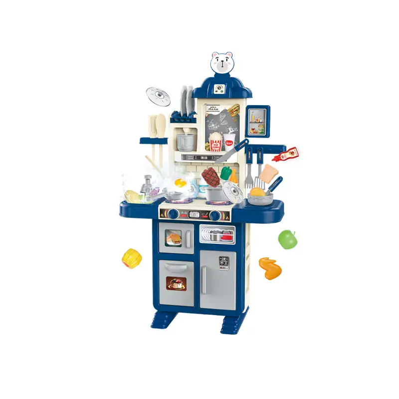 Kids kitchen set with light, sound and spraying  (69pcs)      Inject water and press to release water Inject water and spraying Cooking stove with sound and light   Kitchen Simulation Experience It uses 3pcs AA batteries but not included.