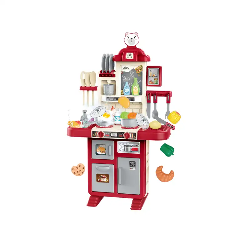 Kids kitchen set with light, sound and spraying  (69pcs)      Inject water and press to release water Inject water and spraying Cooking stove with sound and light   Kitchen Simulation Experience It uses 3pcs AA batteries but not included.