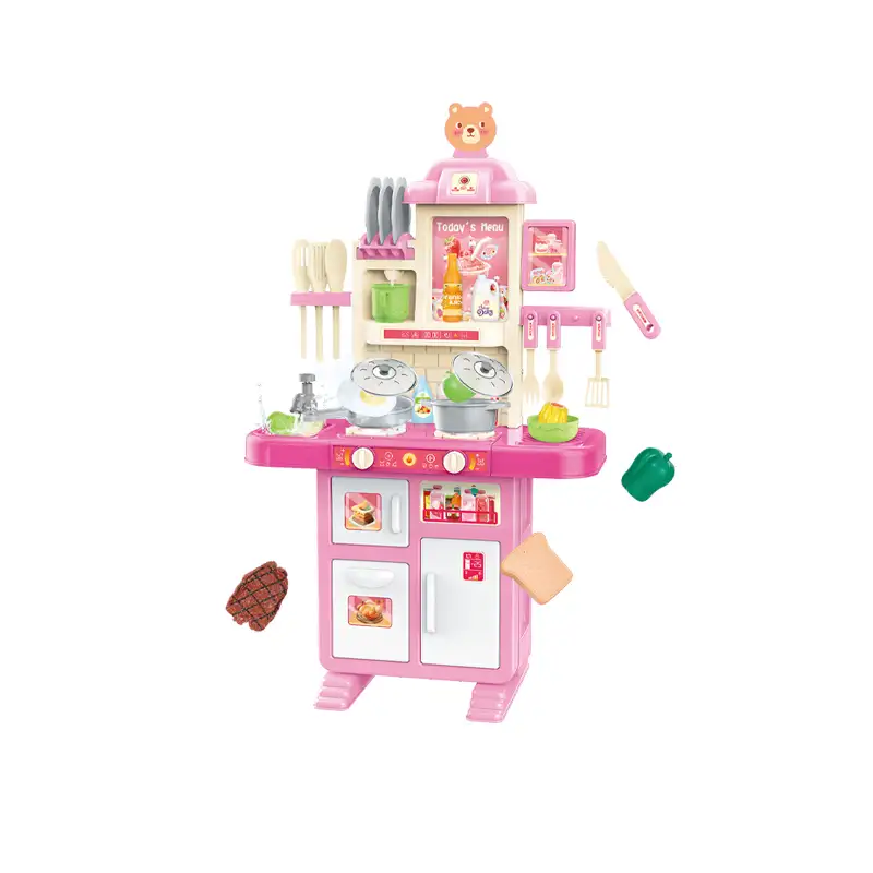 Kids kitchen set with light, sound and spraying  (69pcs)      Inject water and press to release water Inject water and spraying Cooking stove with sound and light   Kitchen Simulation Experience It uses 3pcs AA batteries but not included. (复制)