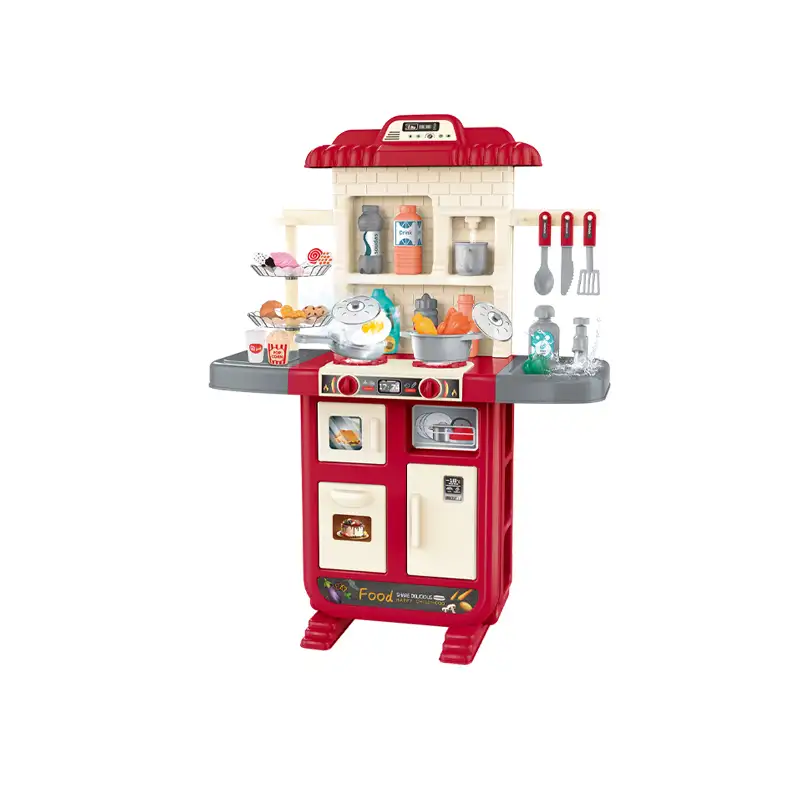 Kids kitchen set with light, sound and spraying  (59pcs)      Inject water and press to release water Inject water and spraying Cooking stove with sound and light   Kitchen Simulation Experience