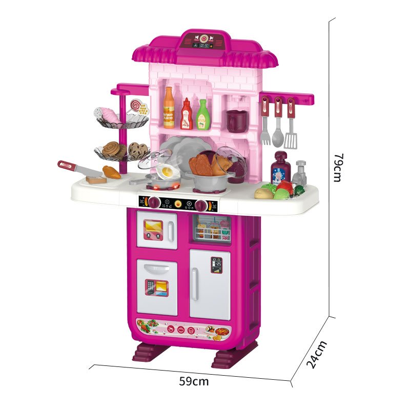 Kids kitchen set with light, sound and spraying  (56pcs)      Inject water and press to release water Inject water and spraying Cooking stove with sound and light   Kitchen Simulation Experience