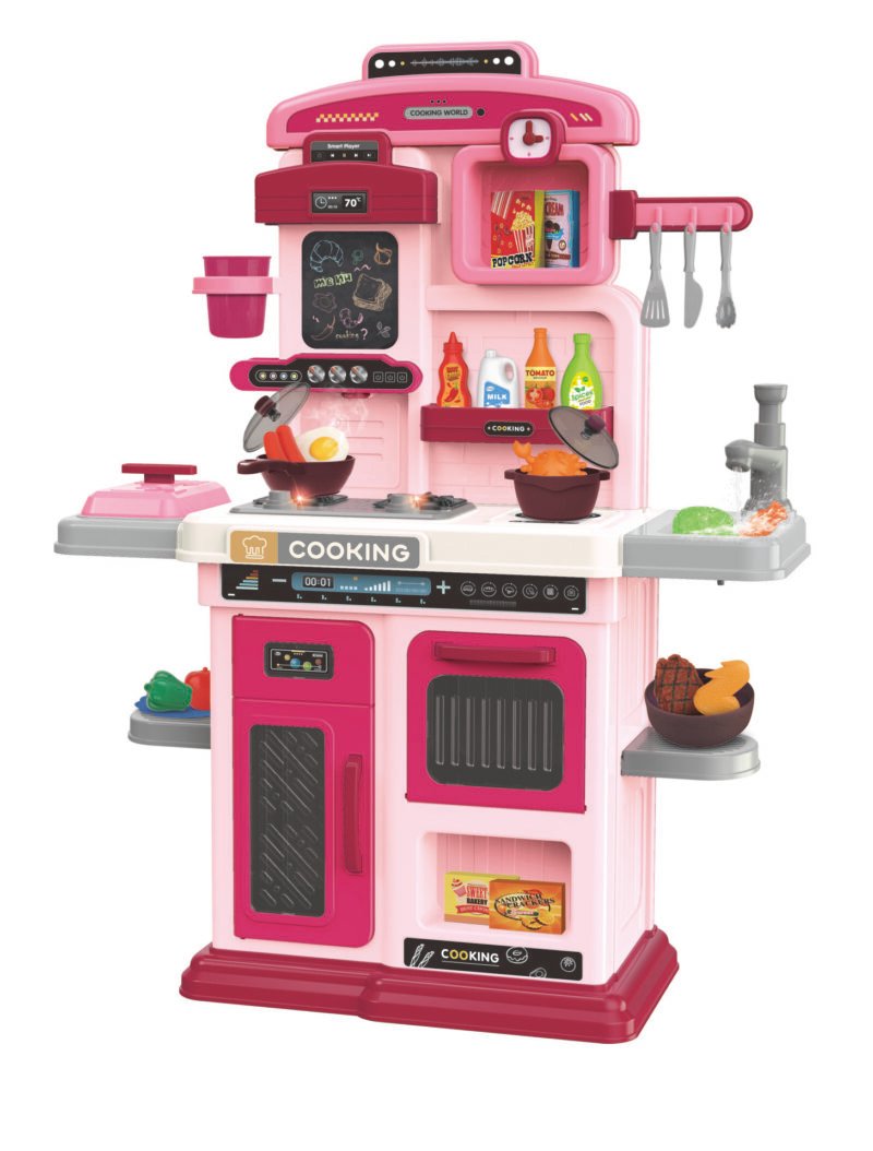 Kids kitchen set with light, sound and spraying  (59pcs)      Inject water and press to release water Inject water and spraying Cooking stove with sound and light，   Kitchen Simulation Experience It uses 3pcs AA batteries but not included.